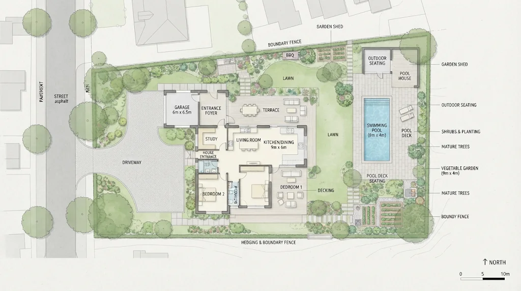 AI site plan of a house with a garden, driveway and pool, top-down view