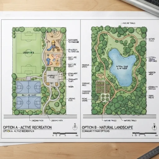 Two site plan options for a community park side by side