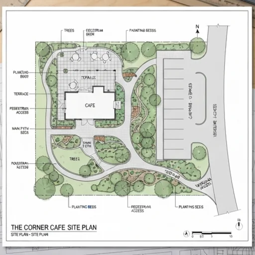 Site plan of a small cafe with parking, terrace and paths