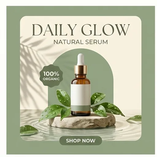 A product post for a skincare serum with a short headline