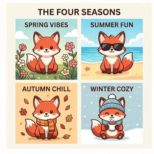A series of posts with the same mascot in four seasons