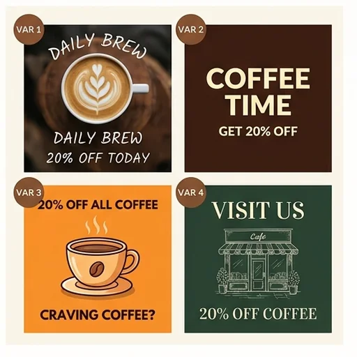 Four variations of a coffee shop promotion post