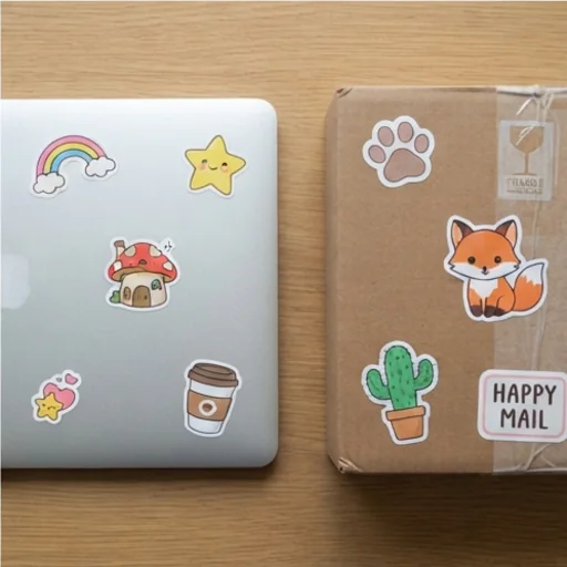 Stickers placed on a laptop lid and a parcel