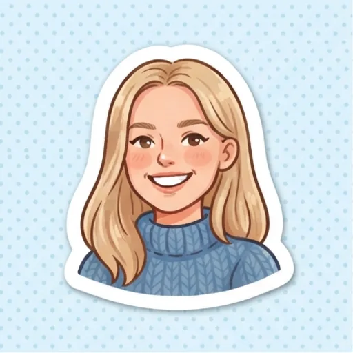 Sticker of a smiling woman's portrait in cute cartoon style with a white border