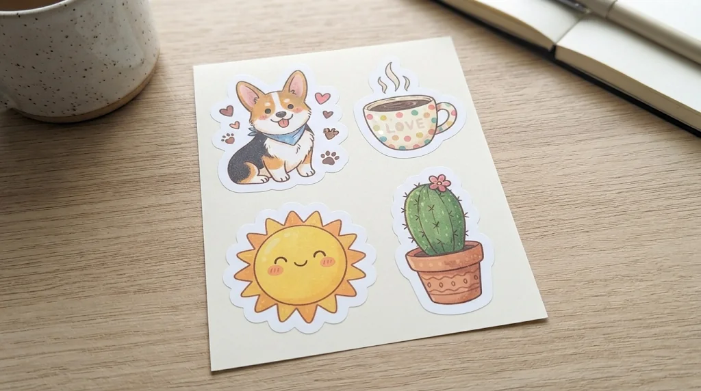 A sheet of AI stickers: a corgi, a coffee cup, a cactus and a smiling sun
