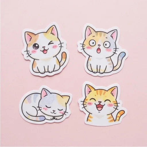Set of four chibi-style cat stickers with different expressions