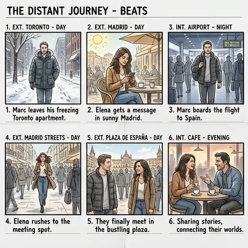 A storyboard showing the key beats of a short film