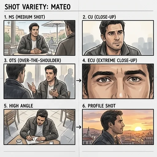 Storyboard panels with the same character in different shots