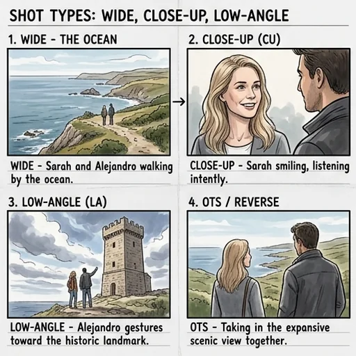 Panels showing wide, close-up and low-angle shots