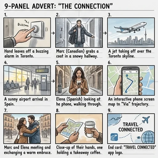 A nine-panel storyboard sheet for an advert