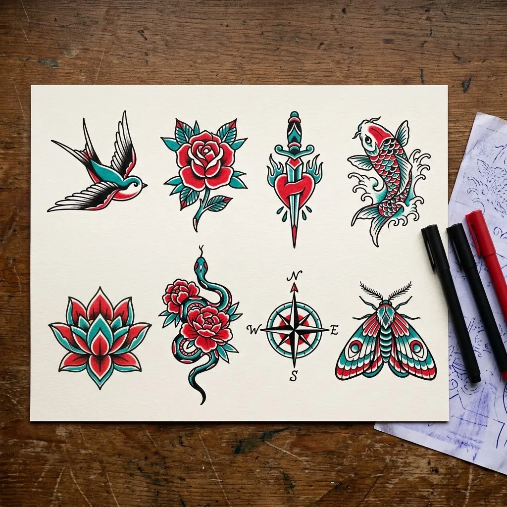 A sheet of tattoo flash designs drawn on paper