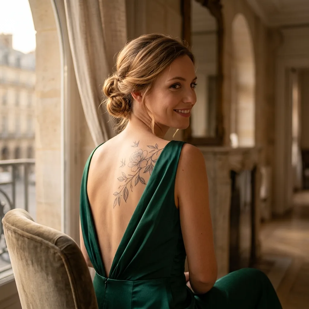 A fine-line floral tattoo shown on a woman's shoulder and upper back