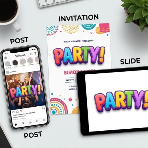 Matching lettering on a post, an invitation and a slide