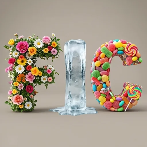 Letters made of flowers, ice and candy