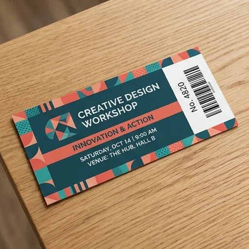 A branded workshop ticket with a matching logo colour
