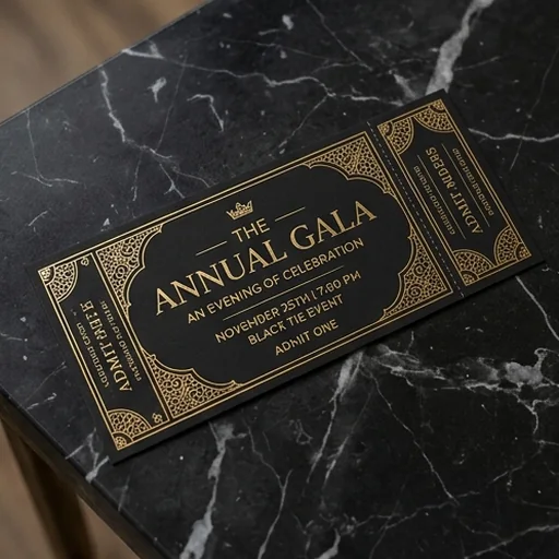 An elegant black and gold gala ticket