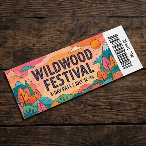 A festival ticket with colourful illustrated artwork