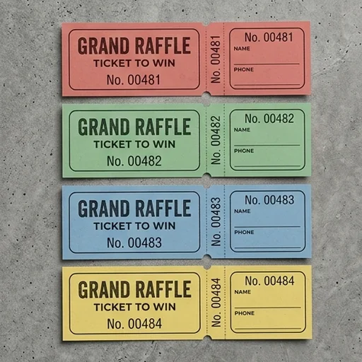 Four raffle ticket variations with numbered stubs