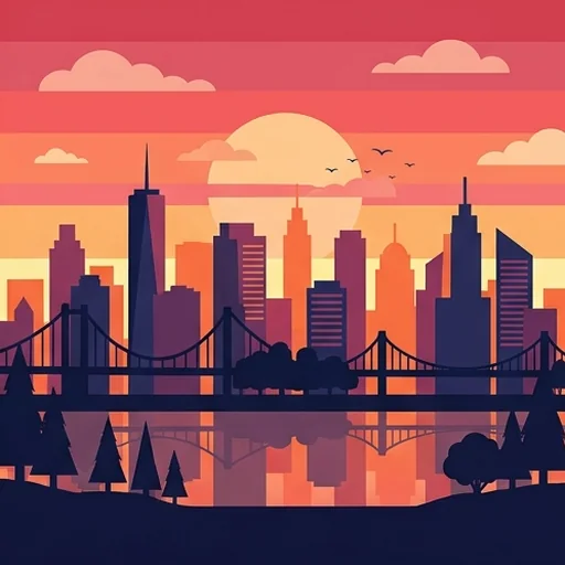 A detailed flat vector city skyline at sunset