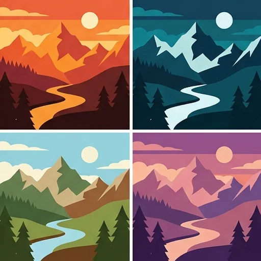 The same vector mountain scene in four colour palettes