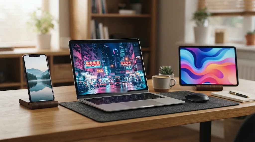 AI wallpapers on a phone, a laptop and a tablet: a misty lake, a neon city and abstract waves