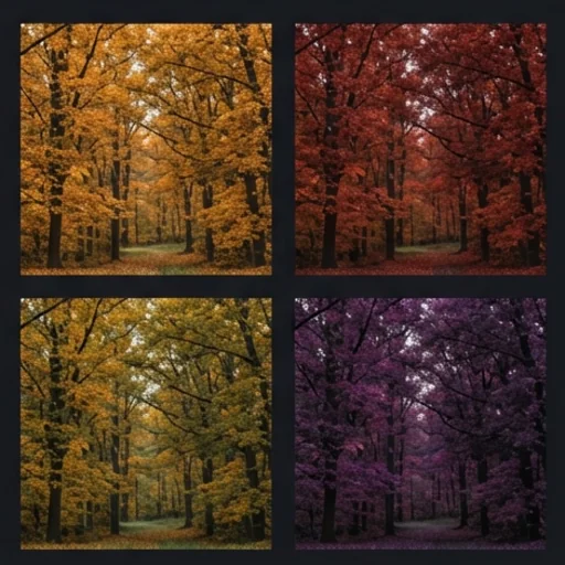 Four wallpaper options of an autumn forest in different colours