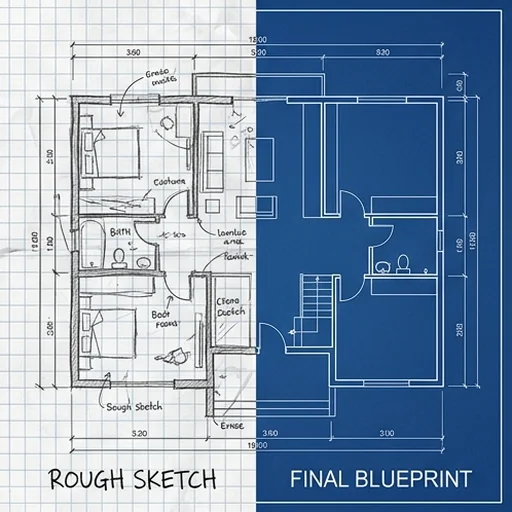 A rough hand sketch next to the clean blueprint made from it