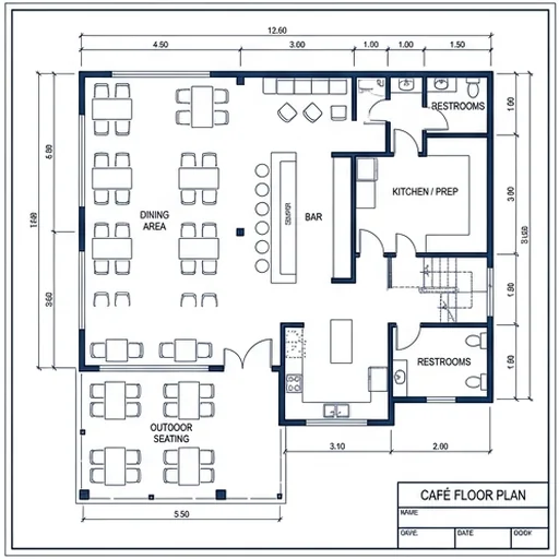 A clean white-style blueprint of a café floor plan