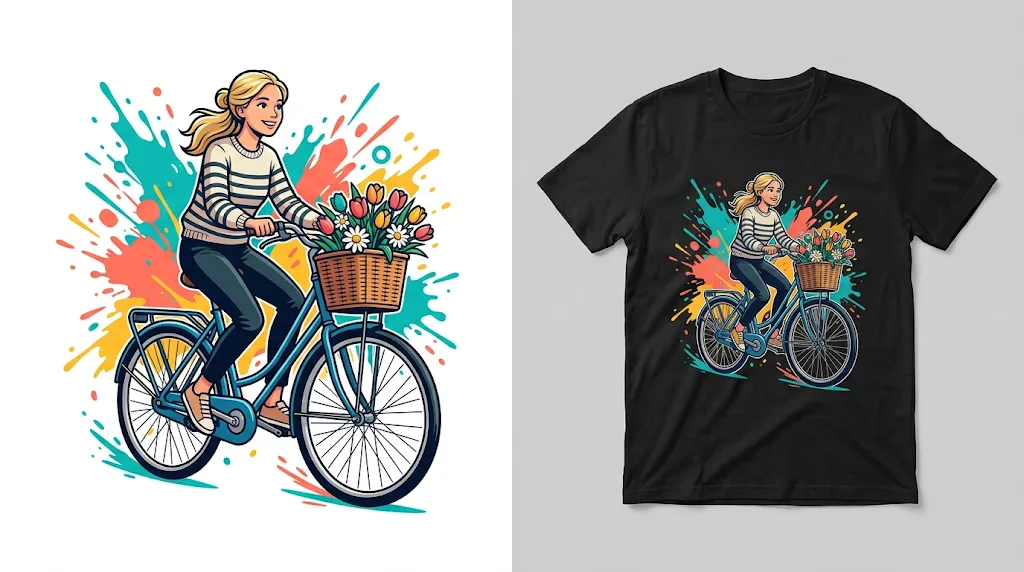 A cartoon illustration of a woman cycling with a flower basket, and the same artwork printed on a black T-shirt