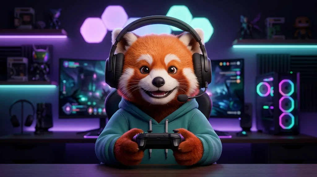 A 3D cartoon red panda gamer avatar with a headset and controller in a neon-lit gaming room