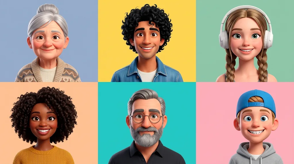 Six 3D cartoon profile avatars of different people on bright pastel backgrounds