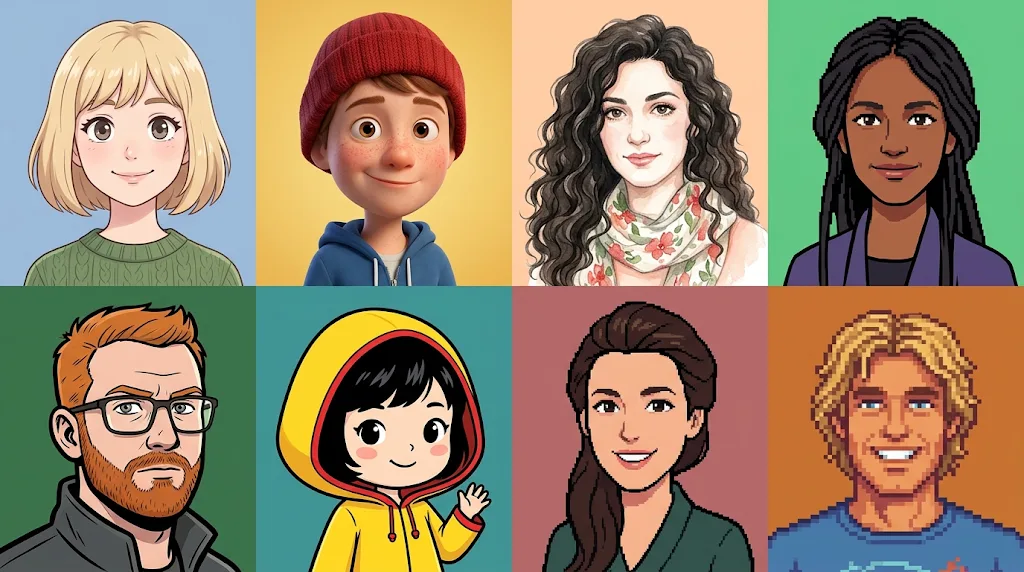 Eight cartoon avatars of different people in anime, 3D, watercolour, comic, chibi and pixel-art styles