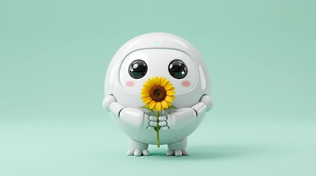 A cute round robot cartoon avatar holding a sunflower on a mint background