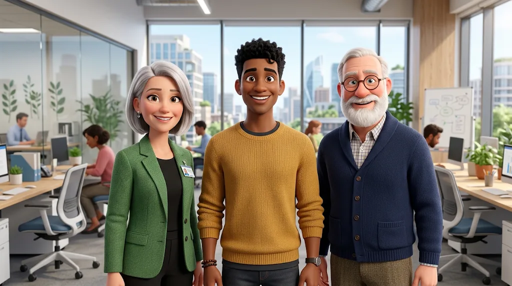 Three colleagues drawn as 3D cartoon characters in a bright office