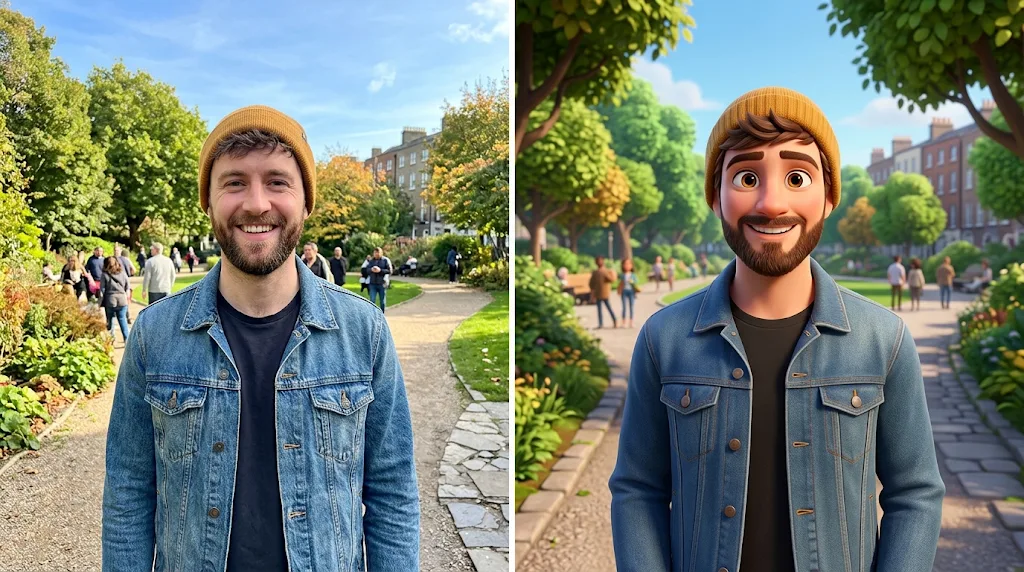 Before and after: a photo of a smiling bearded man in a yellow beanie and the same man as a 3D cartoon character
