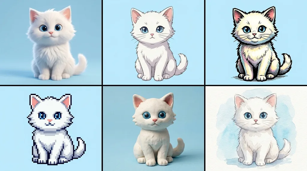 The same white kitten drawn in six different cartoon styles