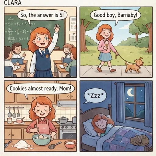 Comic strip with the same red-haired girl in four different scenes