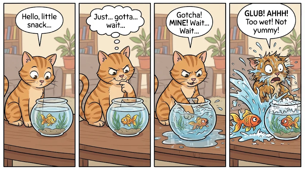 AI four-panel comic strip of a cat and a goldfish in a clean cartoon style