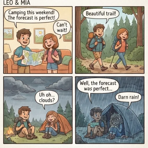 Comic strip of two friends planning a camping trip that goes wrong