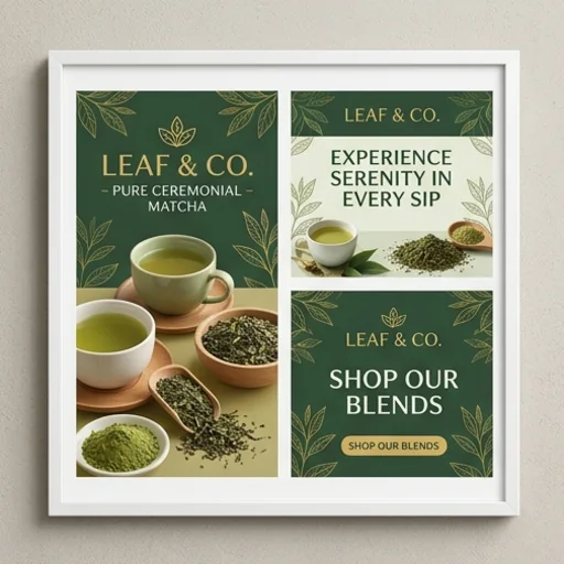 Three display ads for a tea brand in matching green and gold