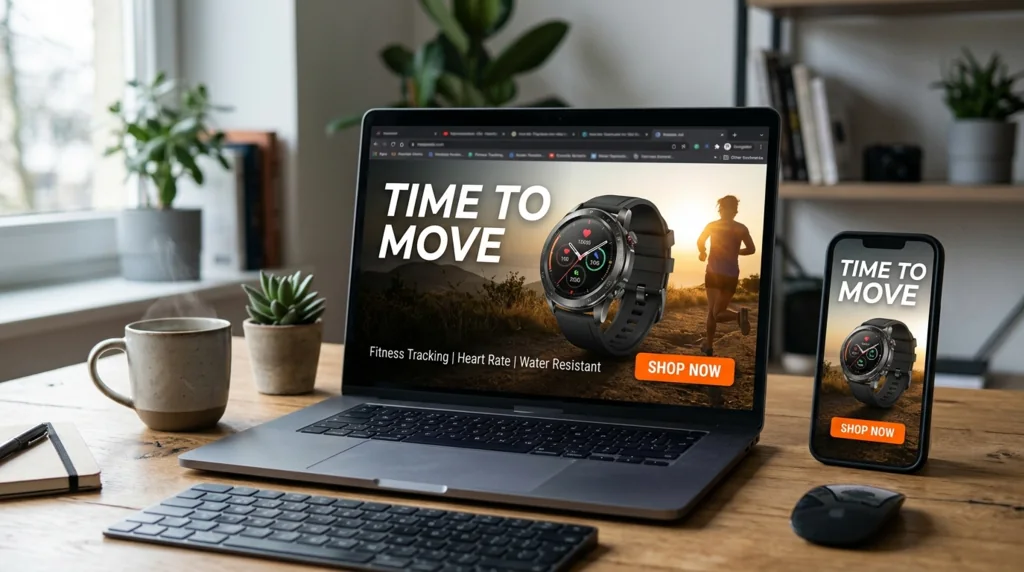 AI display ad for a smartwatch shown on a laptop screen and a phone