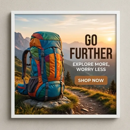 Wide display ad with a backpack on the left and a headline and button on the right
