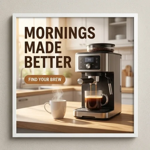 Display ad of a coffee machine in a sunny kitchen scene