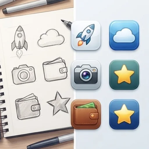 Rough icon sketches next to the finished polished icons