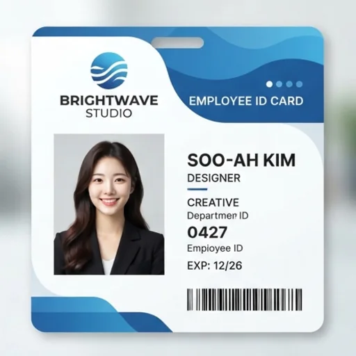 Sample employee ID card with photo, name, role, department and number