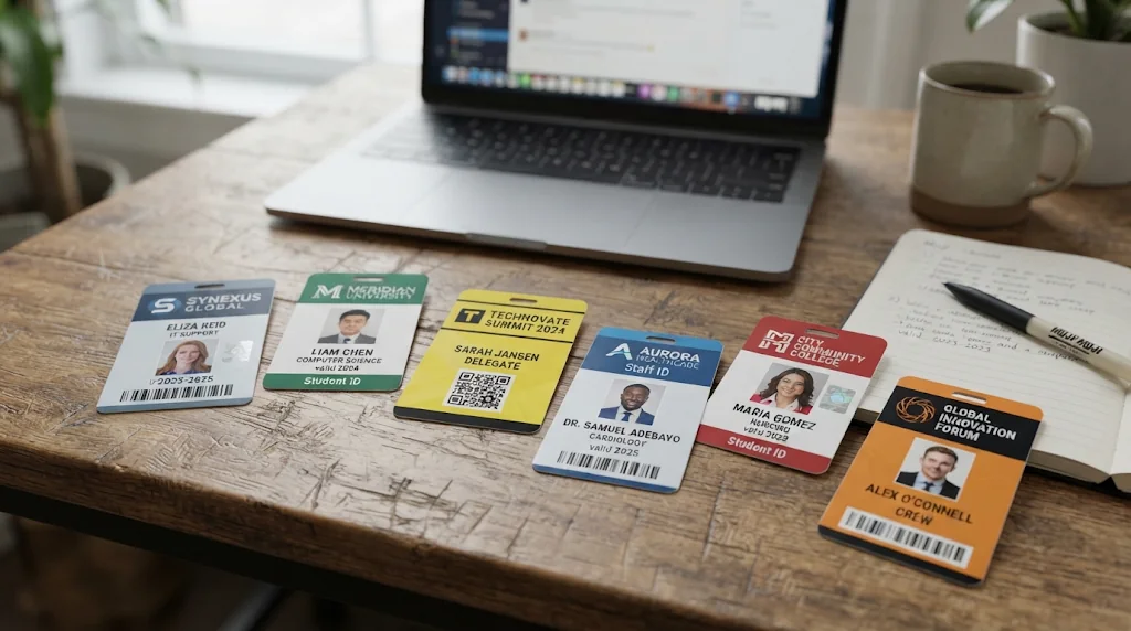 Sample staff, student and event ID cards with portraits on a desk