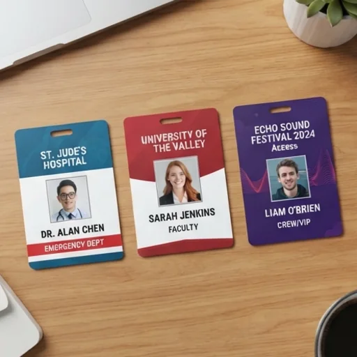 Three sample ID cards for a hospital, a university and a festival in different styles