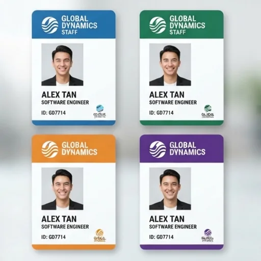 Four sample ID card layout variations for one company
