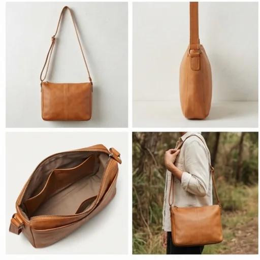 A leather bag shown from the front, side, inside and on a shoulder