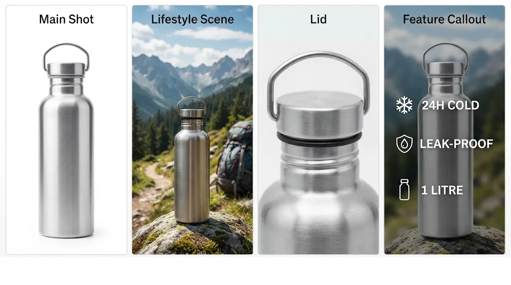 A product listing image set for a water bottle: main shot, lifestyle scene, close-up and feature callouts